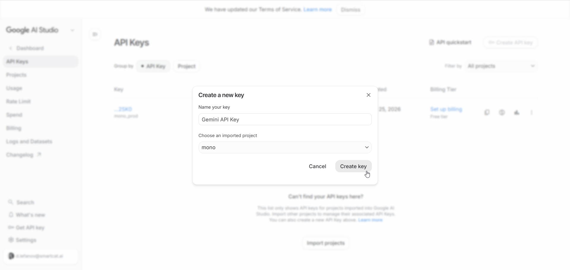 Google AI Studio showing the Create API key dialog