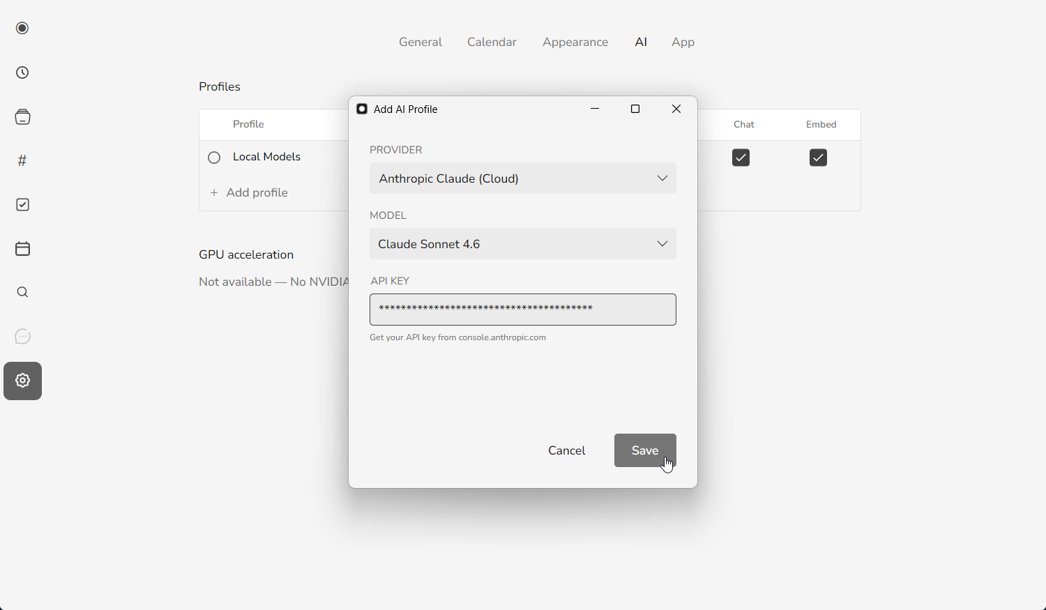 The Add AI Profile dialog in mono with provider set to Anthropic Claude, model Claude Sonnet 4.6, and an API key field