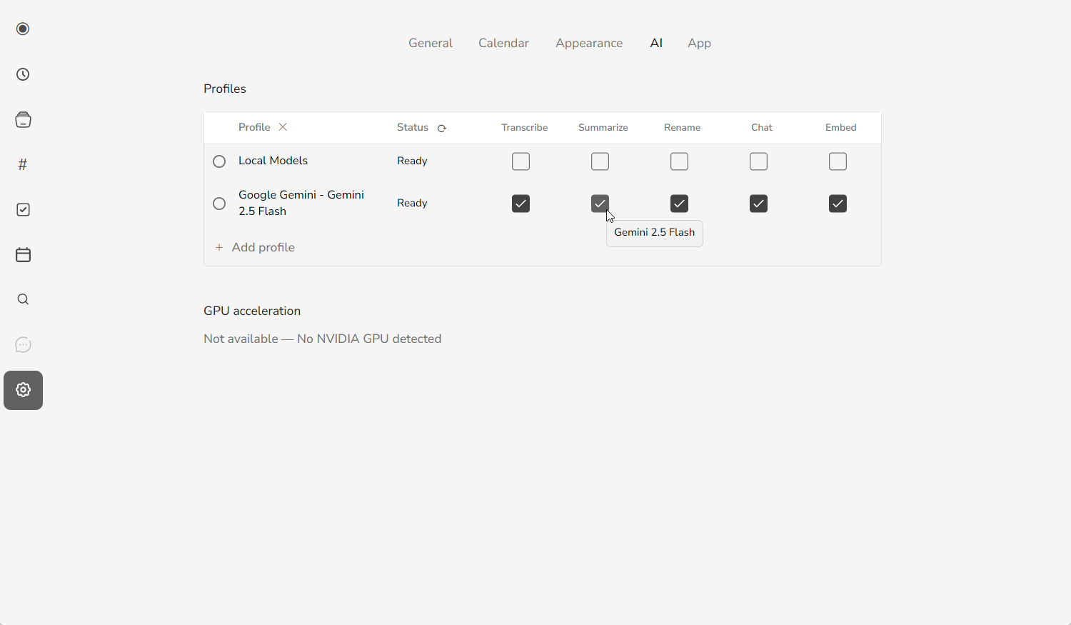 mono Profiles list with a Google Gemini 2.5 Flash profile added and marked Ready, handling the AI tasks