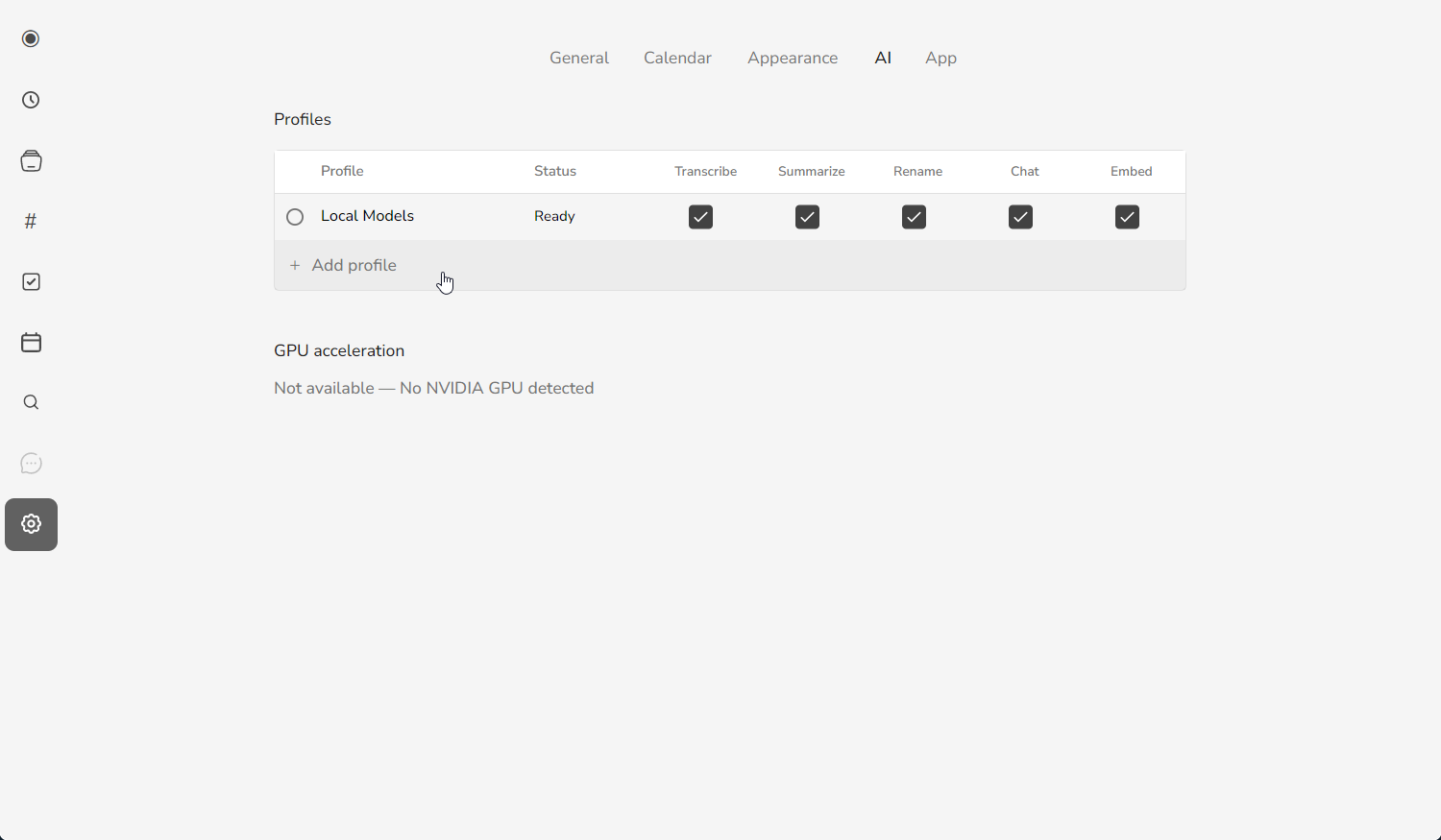 mono Settings AI tab showing the Profiles list with a Local Models profile and an Add profile button