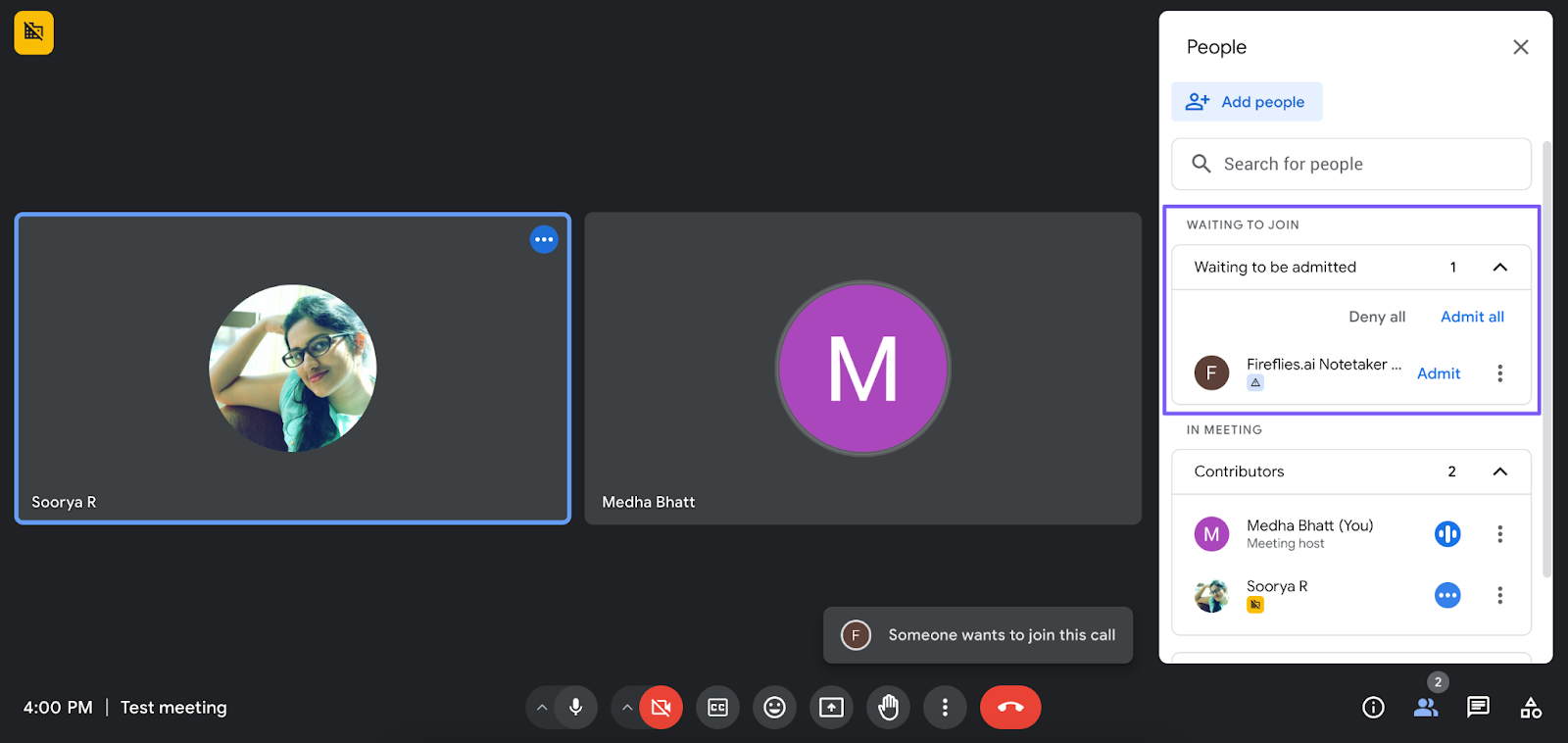 Fireflies.ai bot asking to join a Google Meet call