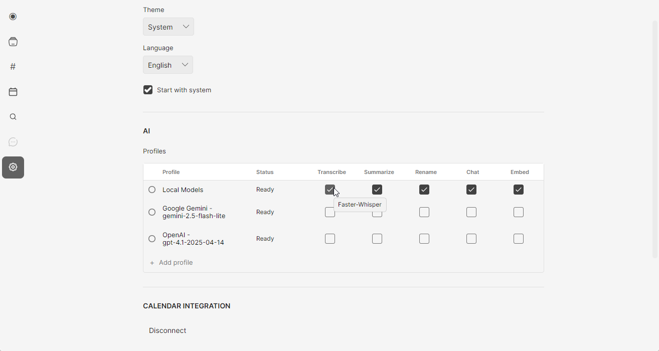 Mono AI Profiles showing Local Models with Faster-Whisper for transcription