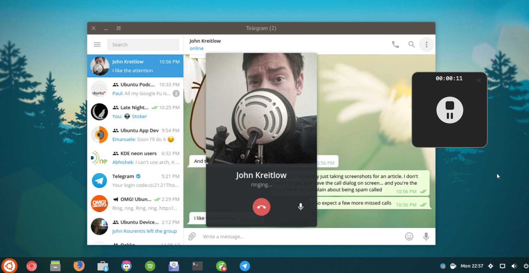 Telegram call in progress with Mono's recording widget visible in the corner showing an active recording timer
