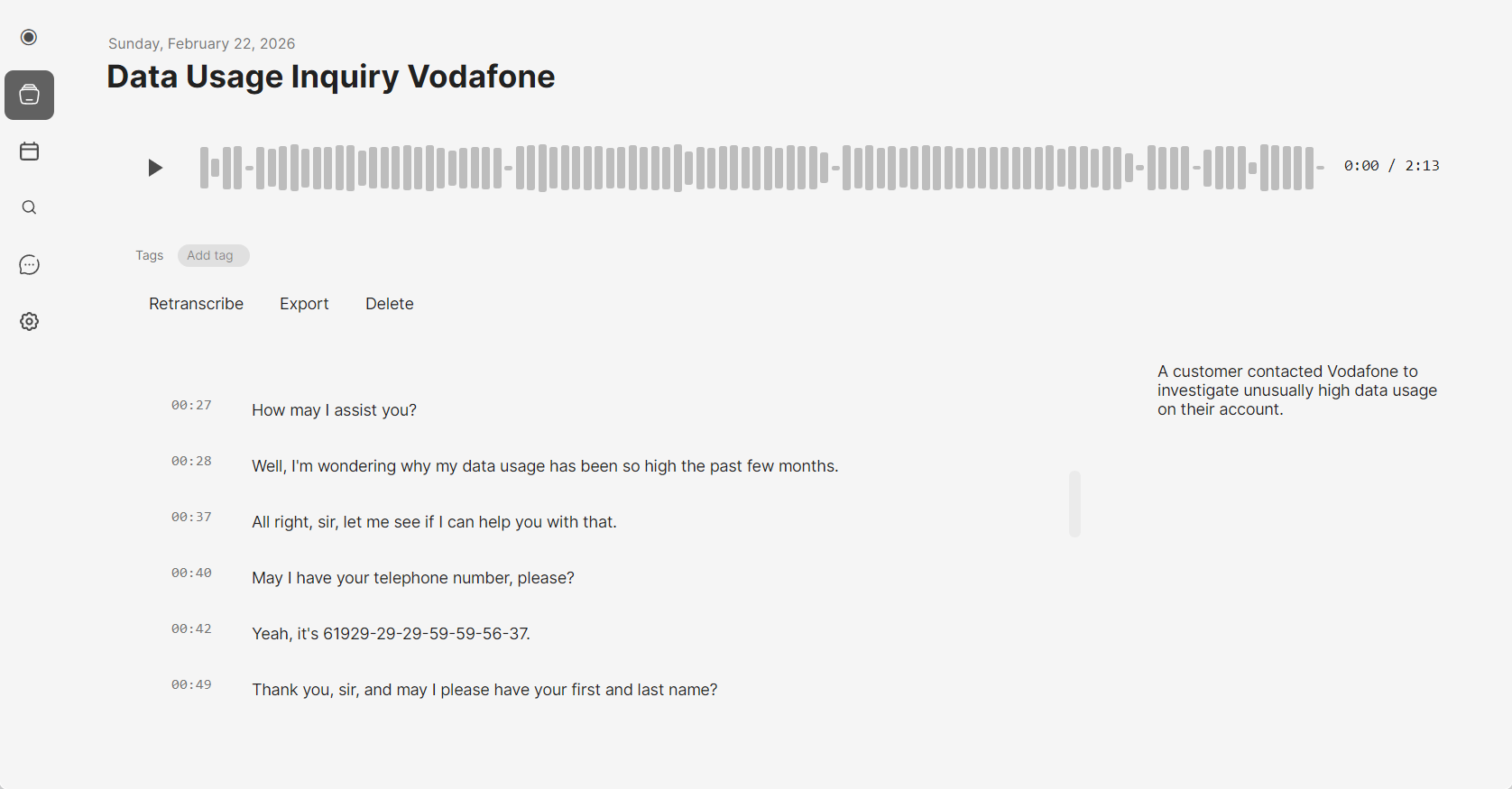 Mono transcript view with speaker labels and AI summary panel