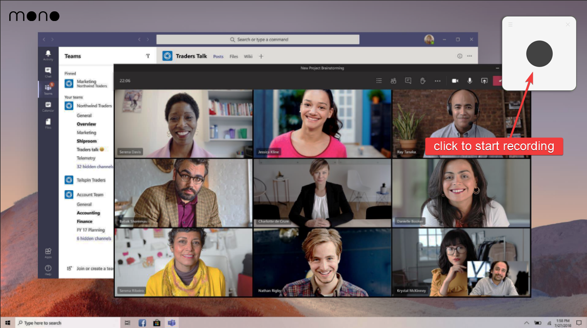 Recording a Microsoft Teams meeting with Mono - click the record button to start