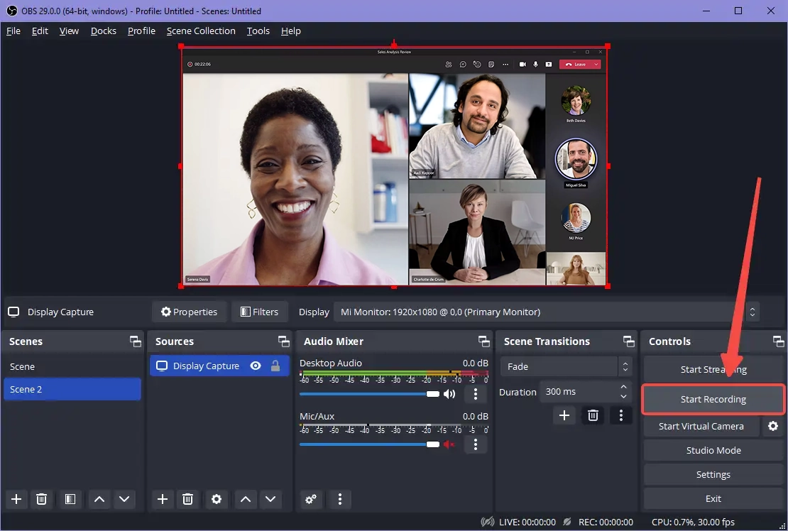 OBS Studio recording Microsoft Teams - add Audio Output Capture source and click Start Recording