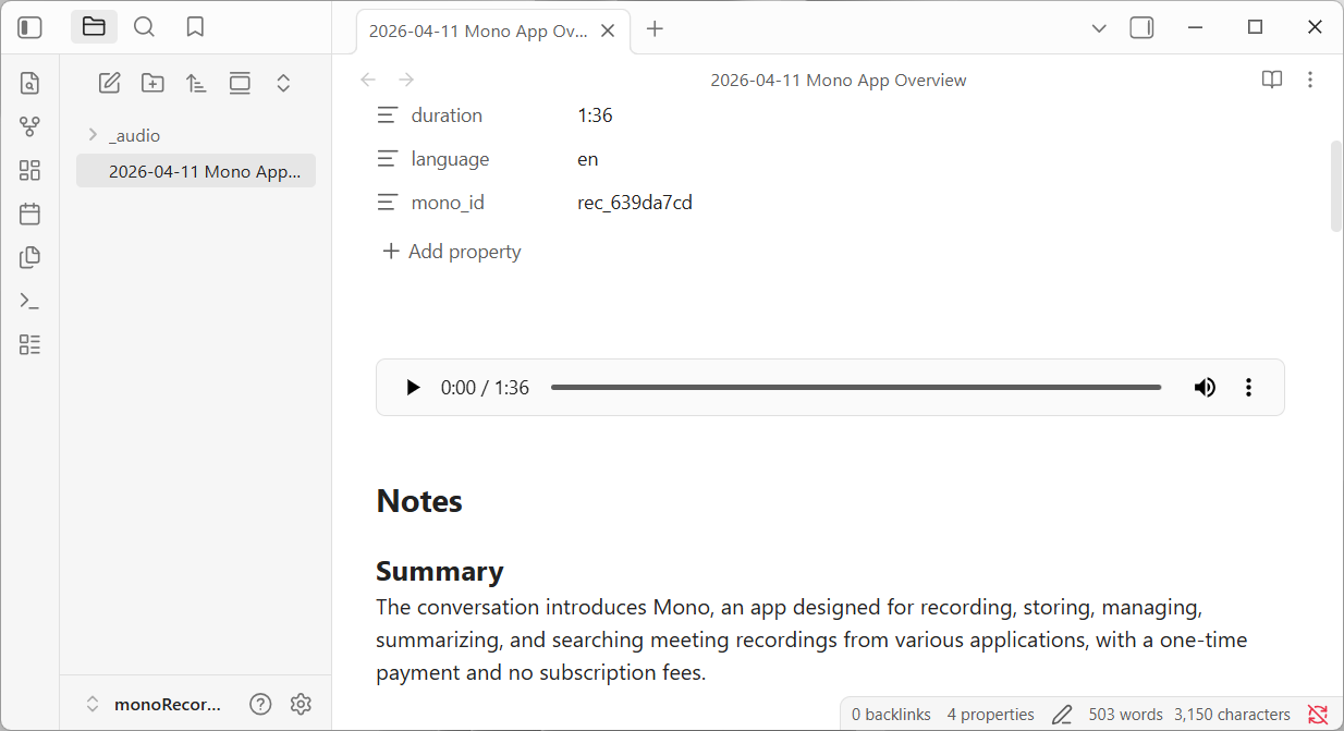 A mono recording opened as a markdown note in Obsidian, showing frontmatter properties, audio player, summary, and key points