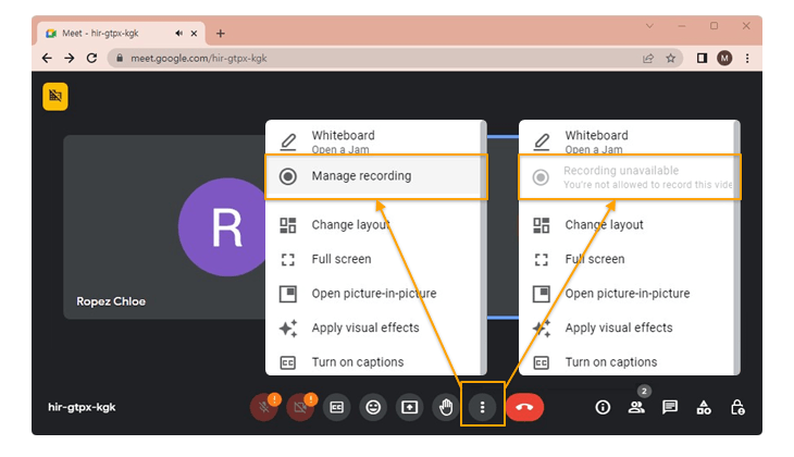 Google Meet recording menu - click Activities then Recording to start