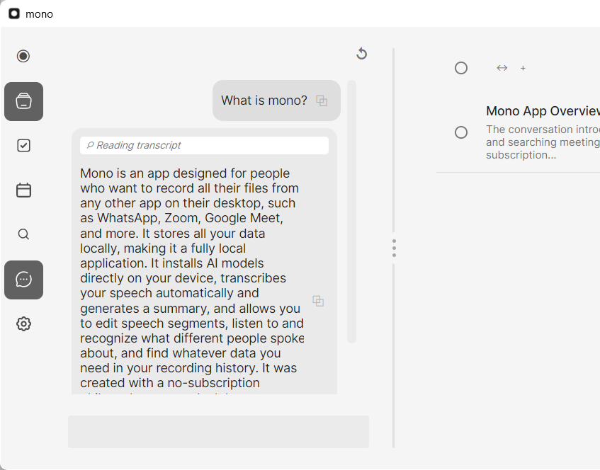 mono app AI chat answering questions about recordings
