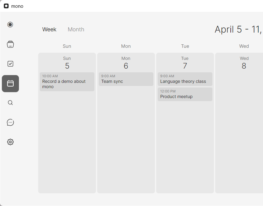 mono app showing Google Calendar integration with weekly view
