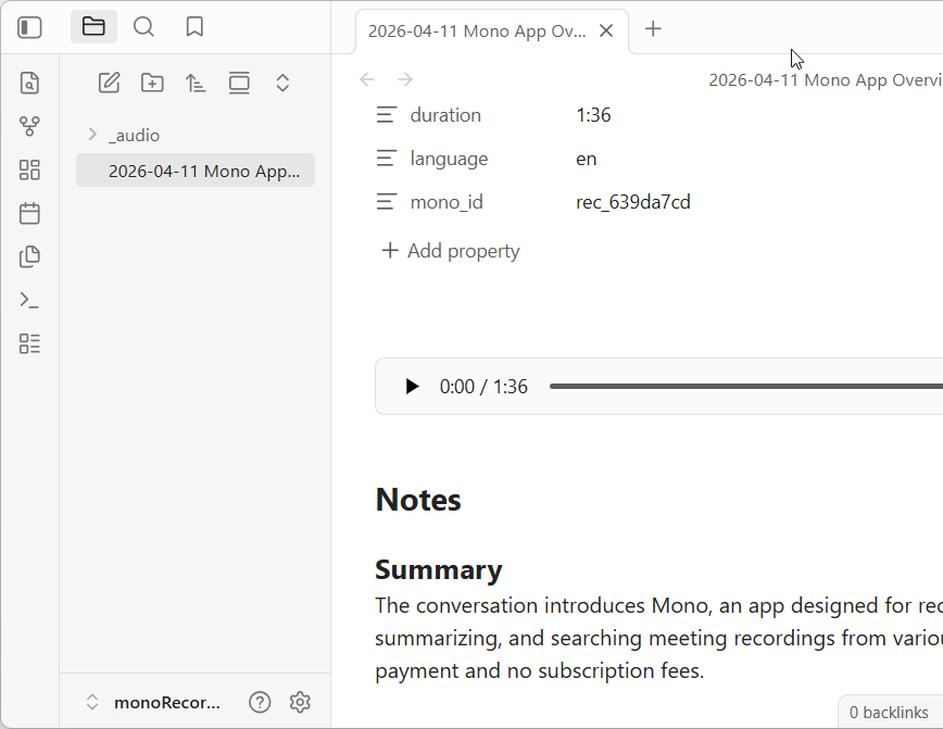 mono recording opened as a markdown note in Obsidian